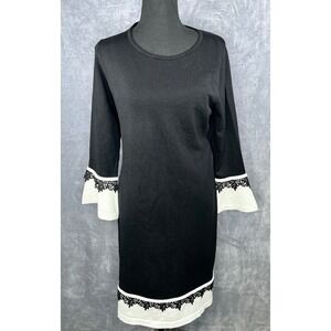 Calvin Klein Sweater Dress Bell Sleeve Lace Trim Black‎ White Size L, NWT